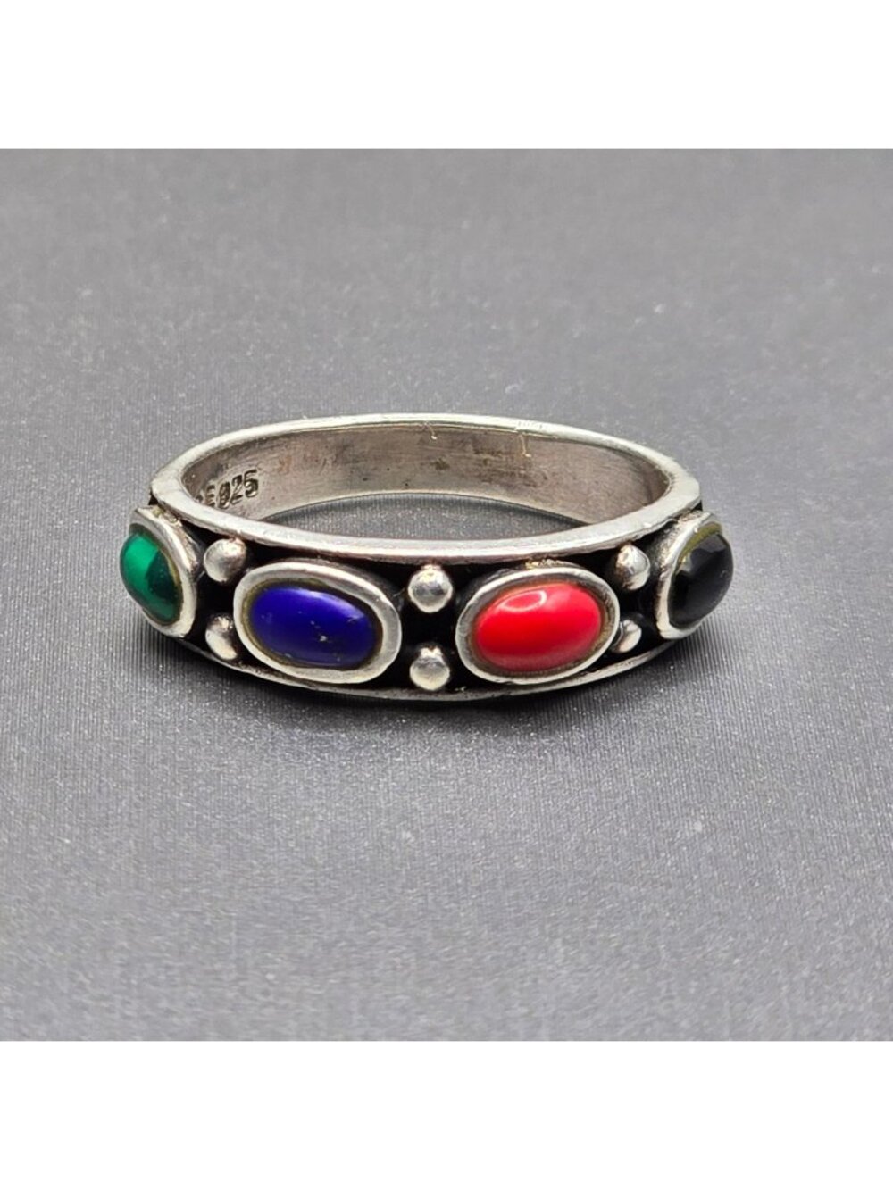 Vintage 925 Sterling Silver Multi Gemstone Inlay Band Ring Size 7.75 Southwester